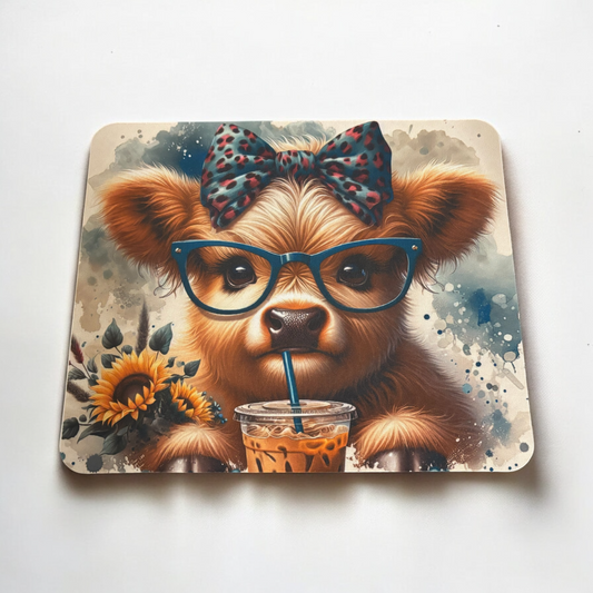 Highland Cow drinking ice coffee Mouse Pad