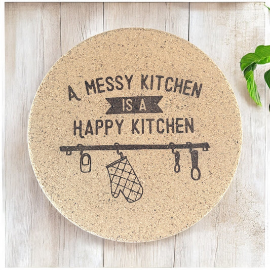 A Messy Kitchen is a Happy Kitchen cork pot holder/trivet
