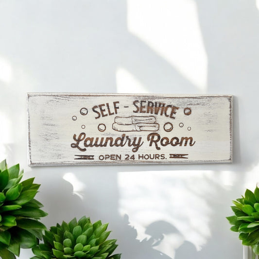 Self - Service Laundry Room Open 24 Hours wood sign